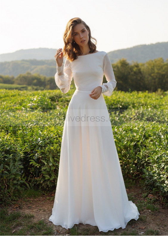 Long Sleeve Ivory Lace Chiffon V Back Wedding Dress